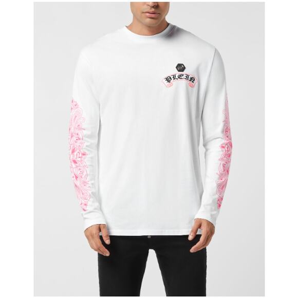 Philipp Plein Men's White Fuxiafluo Chrome CrestLong Sleeve T-Shirt Size L